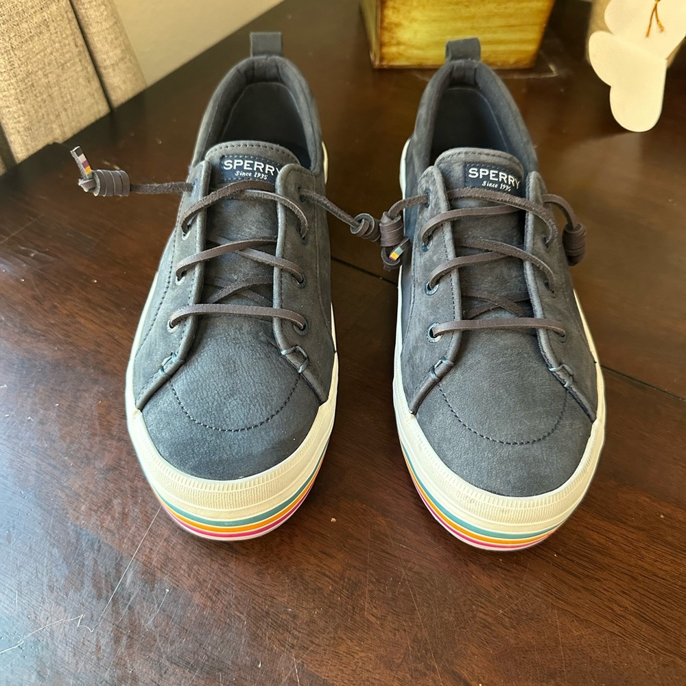 Sperry Charcoal Suede Women's Sneakers with Rainbow Stripe Sole